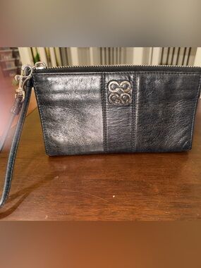 Coach Julia Black Smooth Leather Wristlet Clutch with Silver Logo